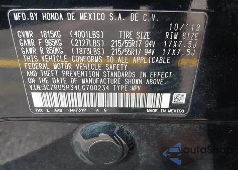 2020 Honda Hr-V 2Wd Lx from USA, damaged, VIN 3CZRU5H34LG700234